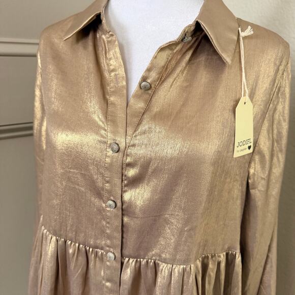 NWT Jodifl Gold Metallic Button Front Babydoll Shirt Dress Size S Holiday Party - Picture 2 of 7